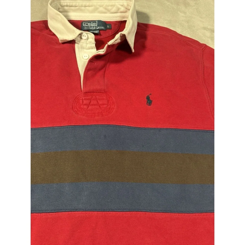 Vintage Polo Ralph Lauren Rugby Shirt Size Large Red Blue Black Stripes Preppy